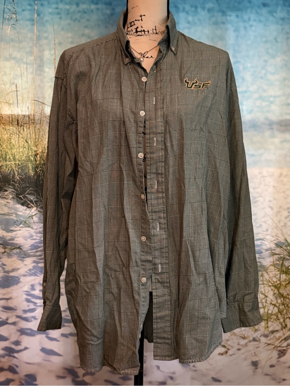 USF Embroidered Plaid Button-Down Shirt - Olive Green